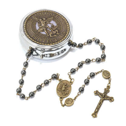 St Michael Hematite Rosary Necklace Bronze Metal Box