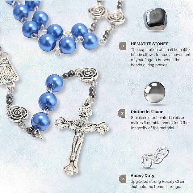 Blue Pearl Beads Rosary Metal Mystery Roses with Hematite Stone Rosary Necklace - Nazareth Store