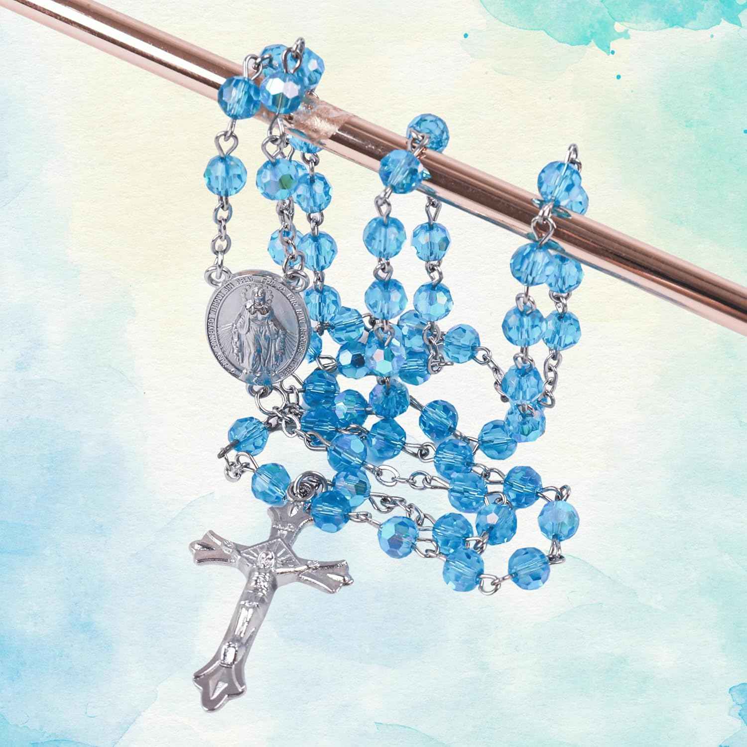 Light Blue Aquamarine Beads Rosary Necklace Crystallized Communion Rosary with Miraculous Medal & Jesus Cross