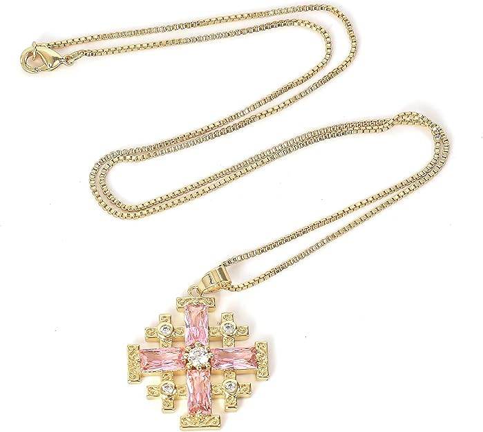 Pink Topaz Jerusalem Cross Pendant 18k Yellow Gold Plated with Crystals Nazareth Store