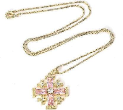 Pink Topaz Jerusalem Cross Pendant 18k Yellow Gold Plated with Crystals - Nazareth Store