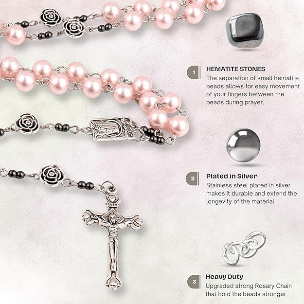 Pink Pearl Beads Rosary Metal Mystery Roses with Hematite Stone Necklace Nazareth Store