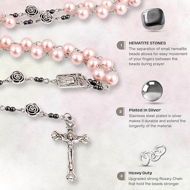 Pink Pearl Beads Rosary Metal Mystery Roses with Hematite Stone Rosary Necklace - Nazareth Store