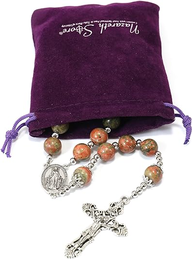 Copy of Natural Agate Green Flower Beads Rosary Necklace with Red Miraculous Medal with Cross Nazareth Store