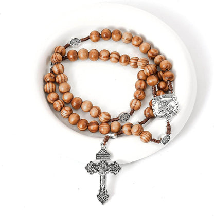 St Michael Sacred Wood Beads Rosary Solid Wooden Prayer Chaplet with Silver Pardon Crucifix - Nazareth Store