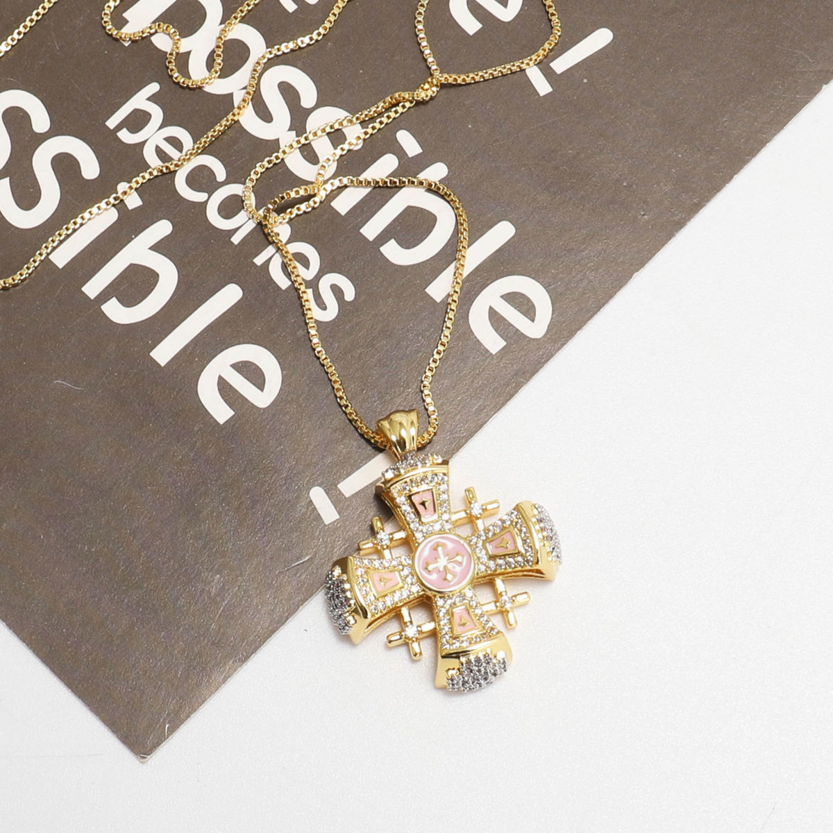 Pink Enamel Jerusalem Cross Pendant Necklace 18k Gold Plating Crystallized Stones - Nazareth Store