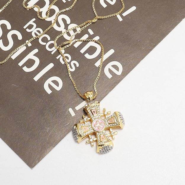 Pink Enamel Jerusalem Cross Pendant Necklace 18k Gold Plating Crystallized Stones - Nazareth Store