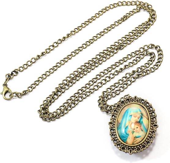 Antique Bronze Pocket Watch Pendant with Holy Mary & Baby Jesus Chain Necklace - Nazareth Store