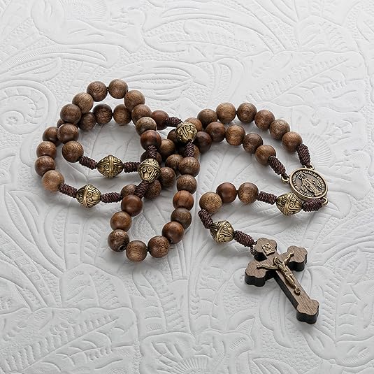 Our Lady Walnut Wood Rosary Beads Beaded Necklace Metal Mystery Beads 20" Nazareth Store