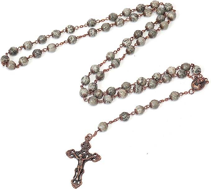 Map Stone Natural Stone Rosary Beads Necklace Holy Soil & Cross Crucifix - Nazareth Store