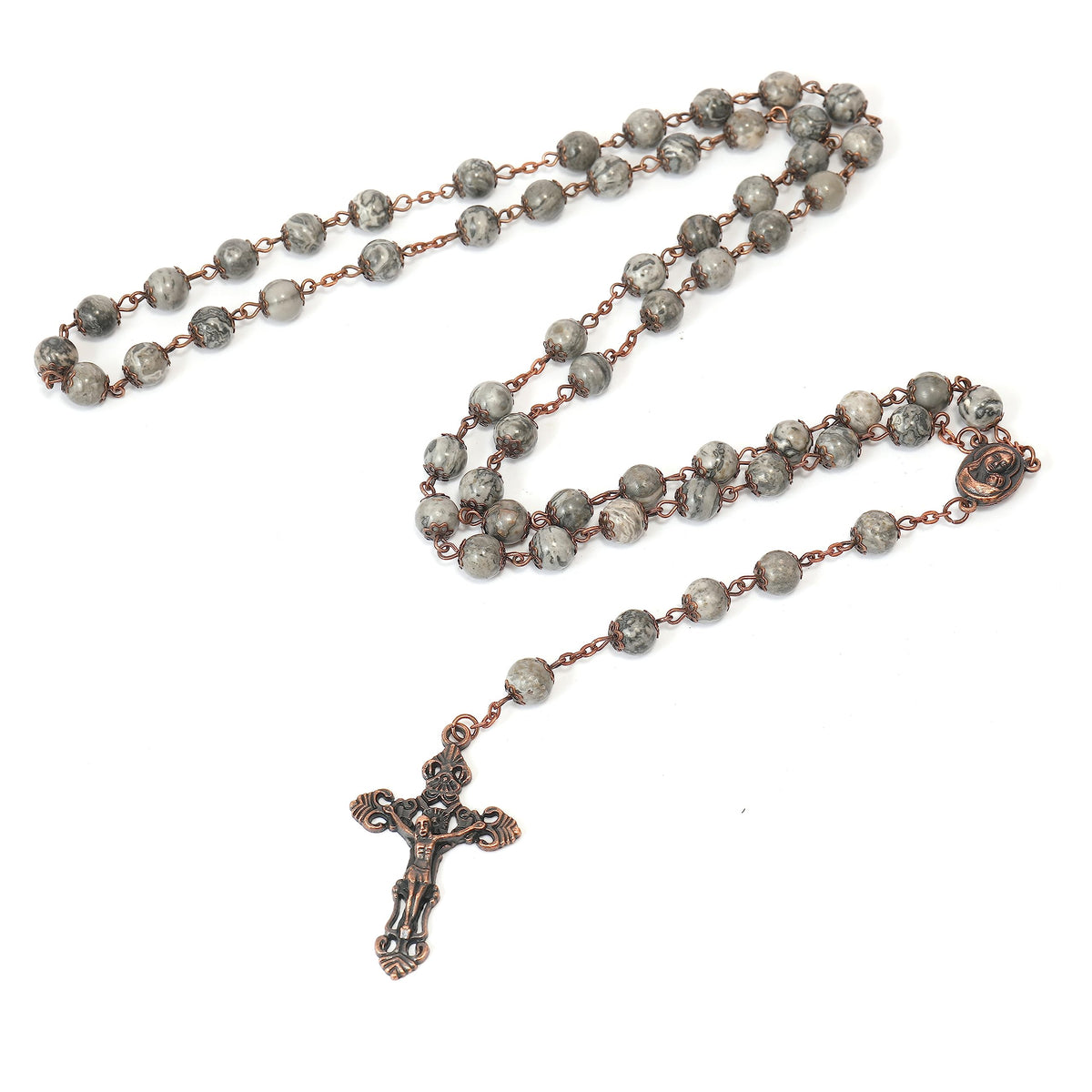Map Stone Natural Stone Rosary Necklace with Holy Soil Medal & Crucifix Cross - Nazareth Store