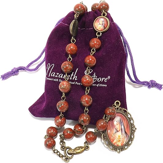 Red Coral Our Lady Sorrows Stone Beads Rosary Chaplet Necklace with Epoxy 7 Medallion Nazareth Store