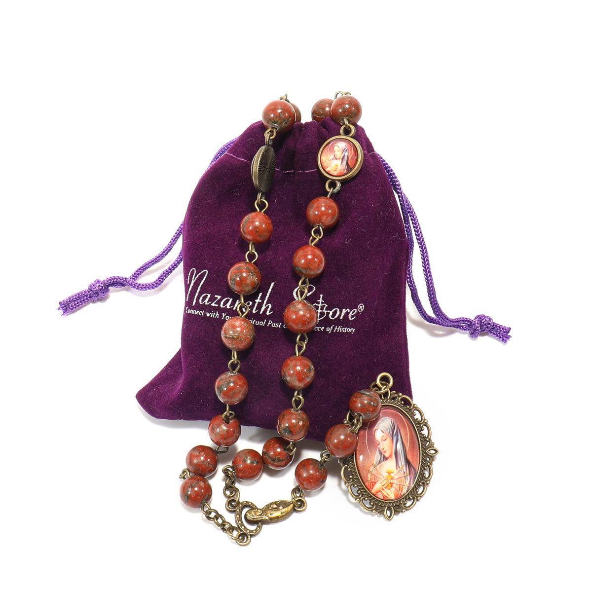 Red Coral Our Lady Sorrows Stone Beads Rosary Chaplet Necklace with Epoxy 7 Medallion - Nazareth Store