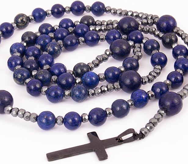 Hematite Stone Beaded Rosary Necklace with Black Metal Cross Nazareth Store