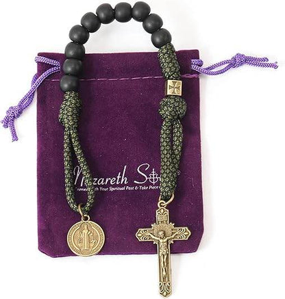 Antique Bronze One Decade Green Paracord Black Matte Beads St Benedict Cross Crucifix - Nazareth Store