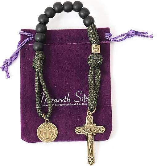 Antique Bronze One Decade Green Paracord Black Matte Beads St Benedict Cross Crucifix - Nazareth Store