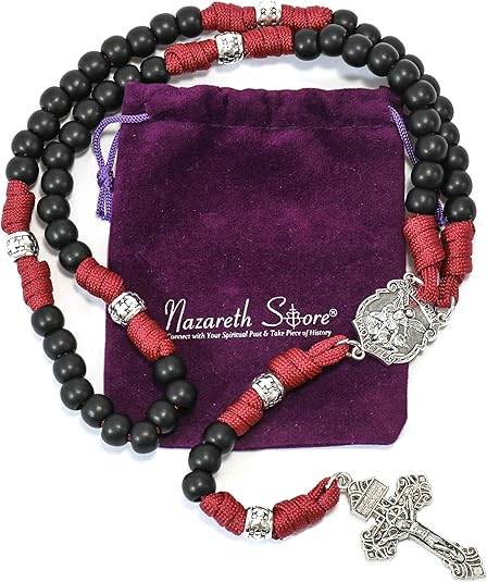 St.Michael Black Beads Red Paracord Rosary Rugged Beaded Pardon Cross - Nazareth Store