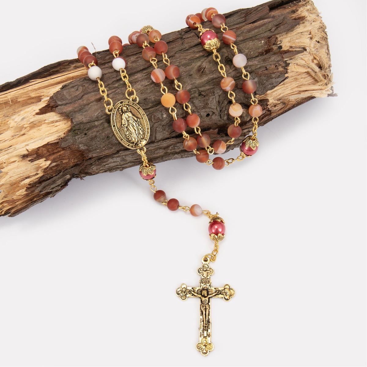 Red Matte Stone Rosary Necklace with Miraculous Medal & Gold Tone Crucifix