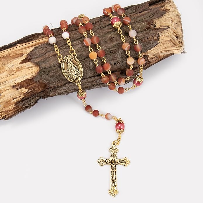 Red Matte Stone Rosary Necklace with Miraculous Medal & Gold Tone Crucifix