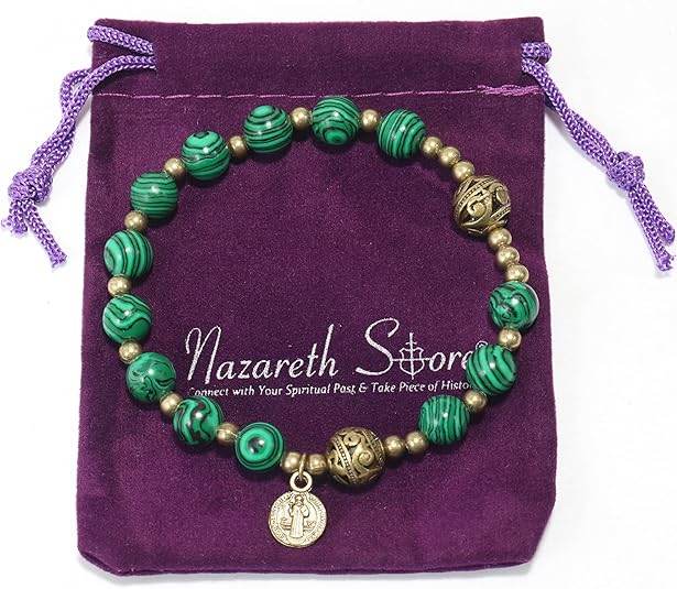 St. Benedict Malachite Stone Beads Rosary Bracelet with Metal Separators and Catholic Medal - Nazareth Store