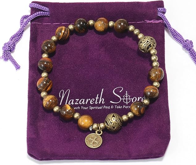 Tiger Eye Stone Beads Durable and Elegant Wrist Bracelet Rosary with Metal Separators and Catholic St. Benedict Medal Nazareth Store