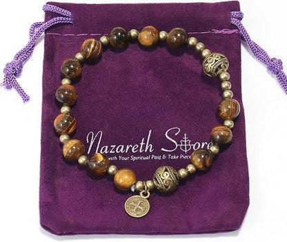 Tiger Eye Stone Beads Rosary Bracelet with Metal Separators and Miraculous Medal - Nazareth Store
