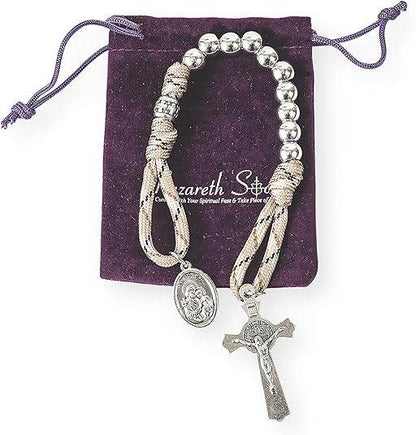Silver Beads Brown Paracord Pocket Car Rosary St. Joseph Medal & St. Benedict Cross - Nazareth Store