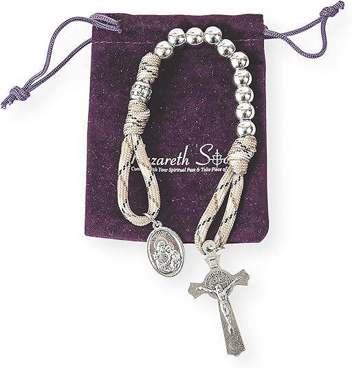 Silver Beads Brown Paracord Pocket Car Rosary St. Joseph Medal & St. Benedict Cross - Nazareth Store