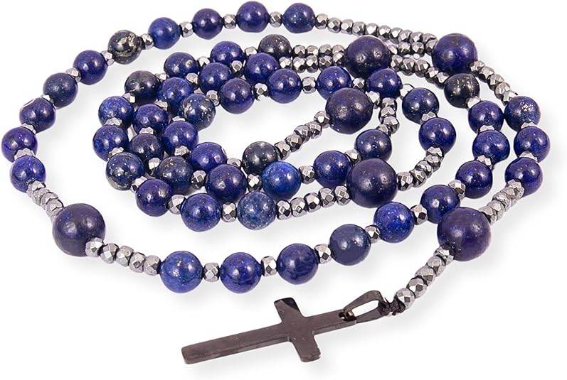 Hematite Stone Beaded Rosary Necklace with Black Metal Cross - Nazareth Store