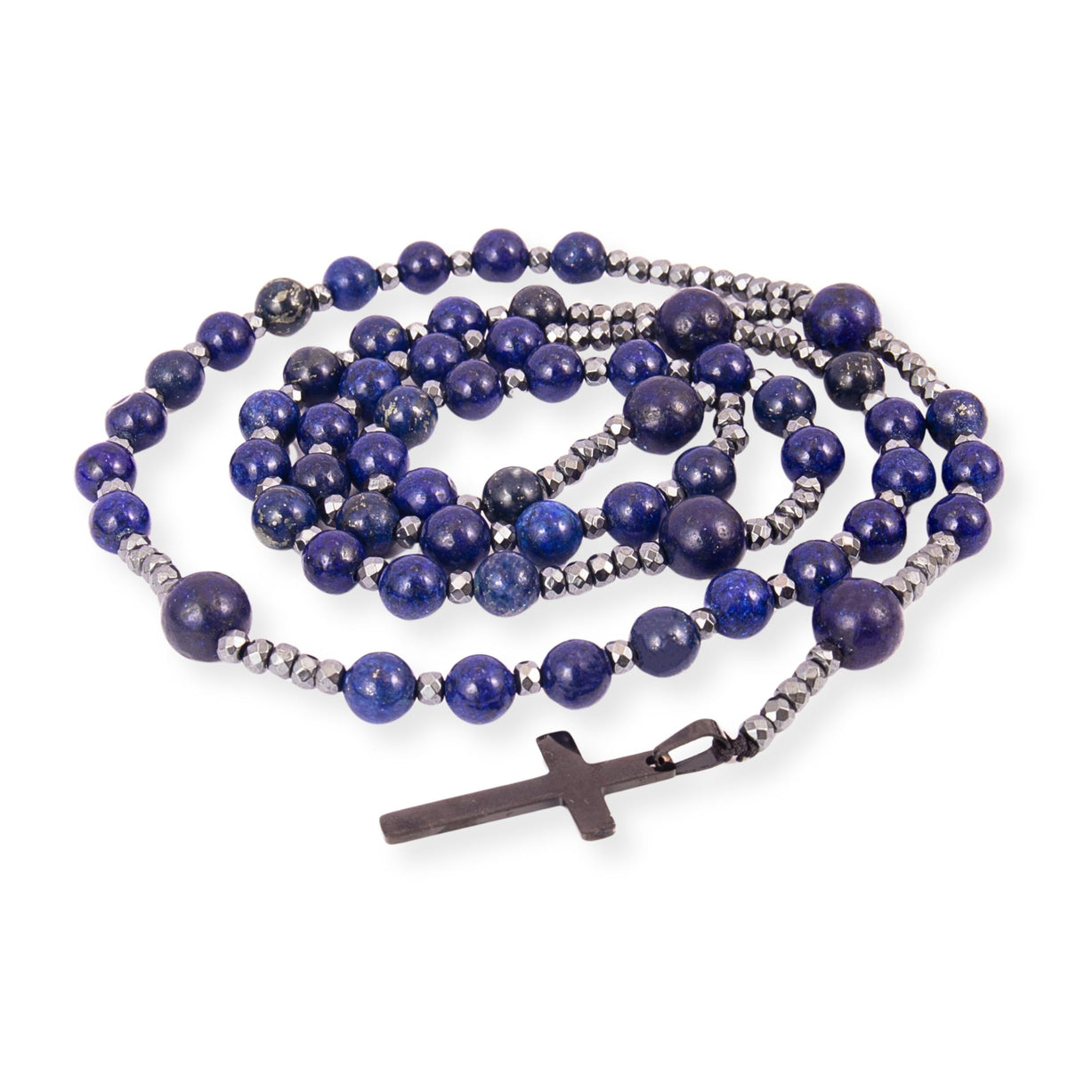 Lapis Lazuli Beaded Catholic Rosary Necklace with Hematite Spacers & Black Cross