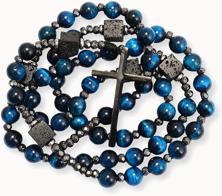 Blue Tiger Eye & Lava Stone 9mm Beads Rosary Necklace with Black Alloy Cross (Copy) Nazareth Store