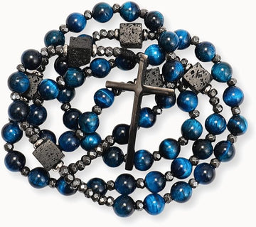 Blue Tiger Eye & Lava Stone 9mm Beads Rosary Necklace with Black Alloy Cross (Copy) Nazareth Store
