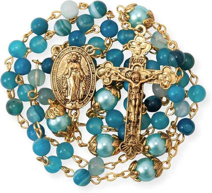 Blue Matte Stone Rosary Necklace with Miraculous Medal & Cross