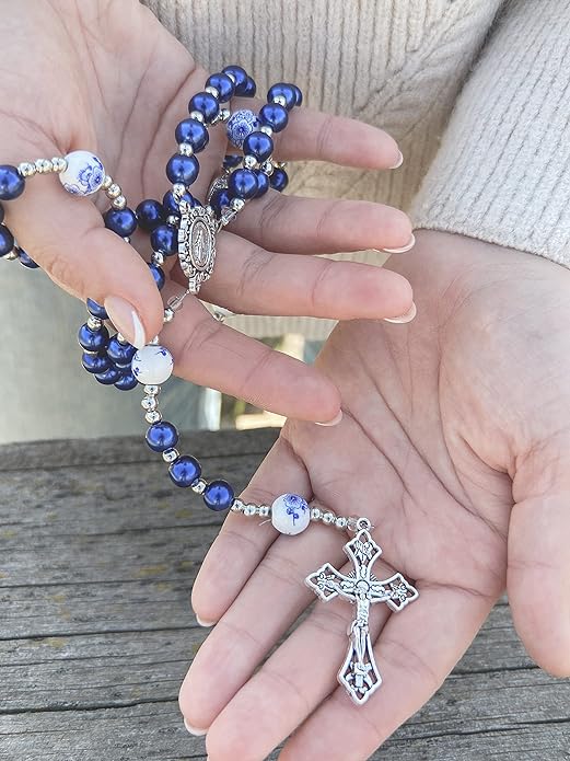 Copy of White Flowers Blue Pearl Beads Rosary Beaded Necklace Lourdes Medal & Cross Crucifix Nazareth Store