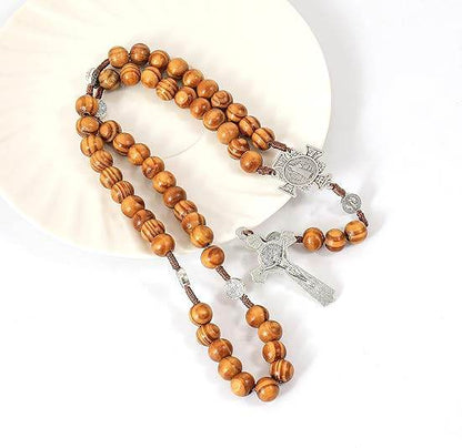 Wood Beads Rosary St. Benedict Solid Prayer Chaplet Silver Jesus Crucifix & Saint Medal - Nazareth Store