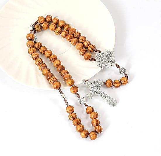 Wood Beads Rosary St. Benedict Solid Prayer Chaplet Silver Jesus Crucifix & Saint Medal - Nazareth Store