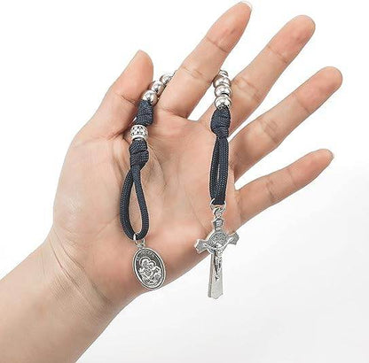 Silver Beads Blue Paracord Pocket Car Rosary St. Joseph Medal & St. Benedict Cross - Nazareth Store