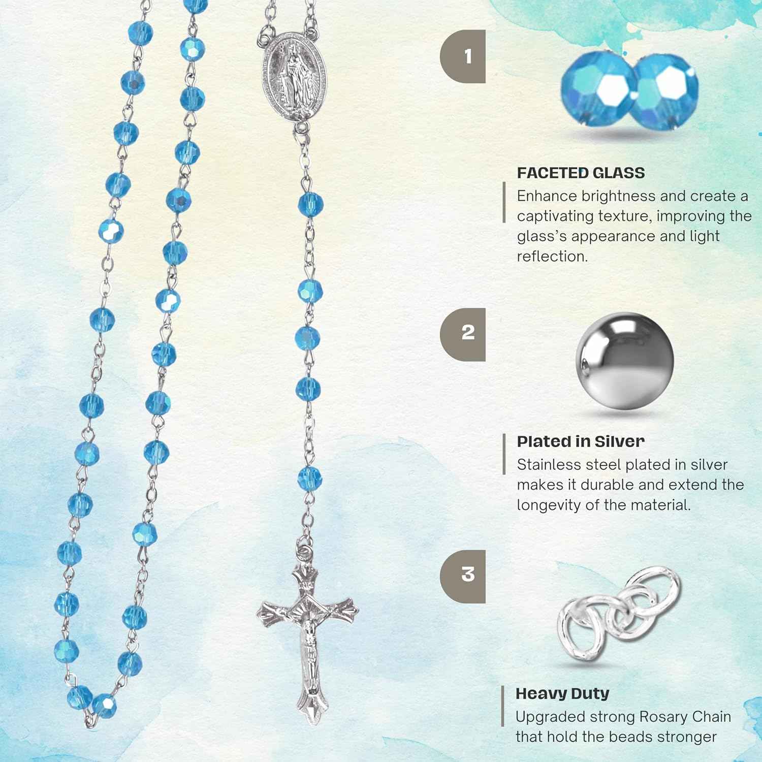 Light Blue Aquamarine Beads Rosary Necklace Crystallized Communion Rosary with Miraculous Medal & Jesus Cross