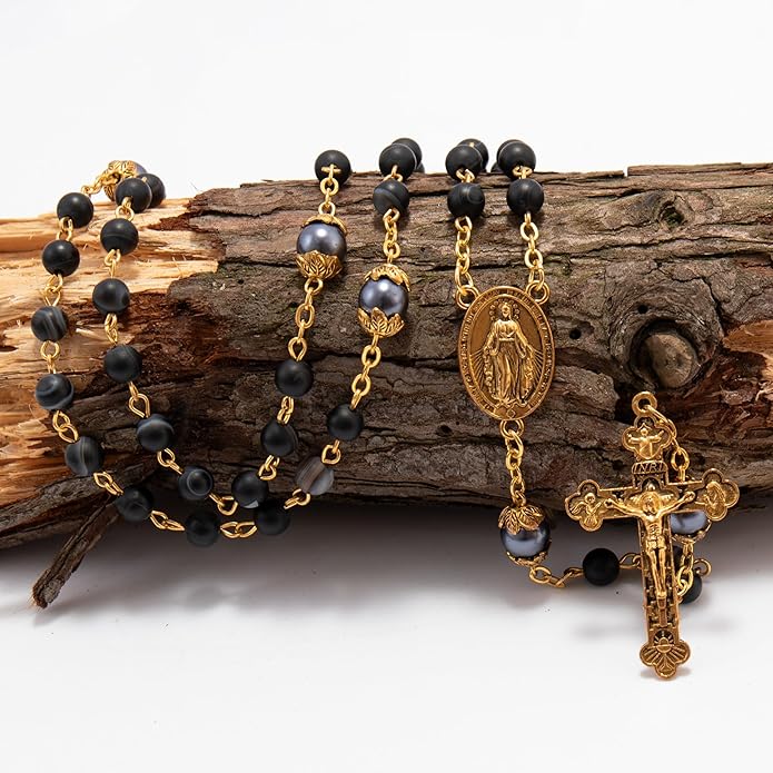 Black Matte Stone Rosary Necklace with Pearl Beads Miraculous Medal & Cross