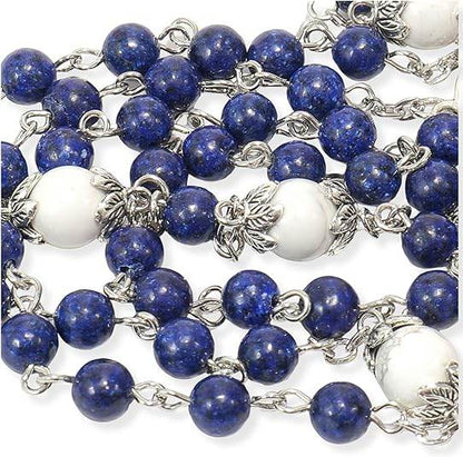 White Howlite Blue Lapis Lazuli Beads Rosary Necklace Miraculous Medal Holy Mary Box - Nazareth Store
