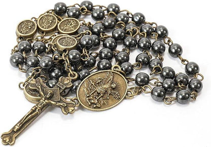 Black Hematite Bronze St. Michael Stone Beads Rosary Necklace with Metal Box - Nazareth Store