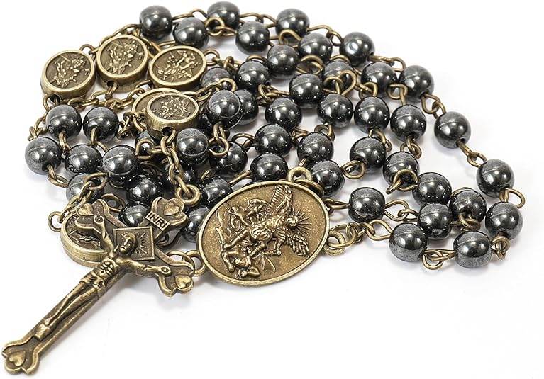 Black Hematite Bronze St. Michael Stone Beads Rosary Necklace with Metal Box - Nazareth Store