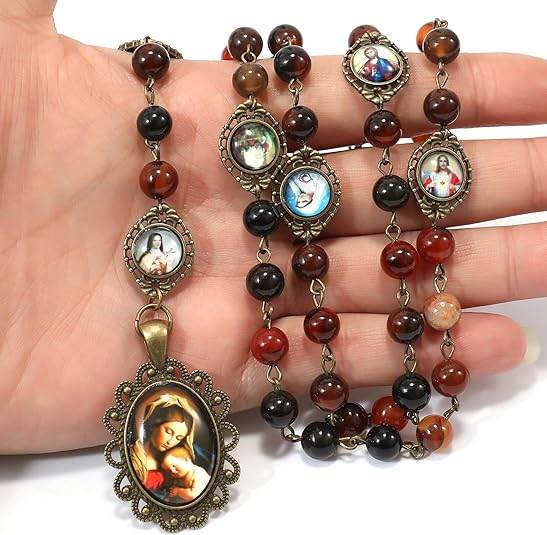 Agate Stone Beads Rosary Necklace with Miraculous & Holy Mary Baby Jesus Medal - Nazareth Store
