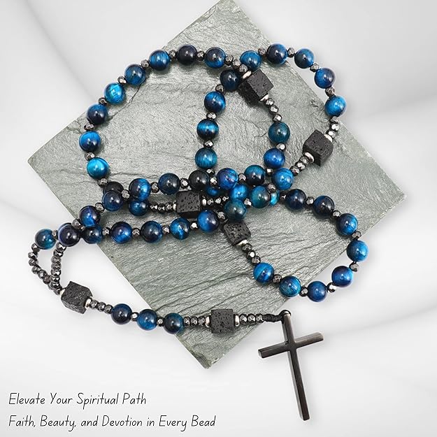 Blue Tiger Eye & Lava Stone 9mm Beads Rosary Necklace with Black Alloy Cross (Copy) Nazareth Store