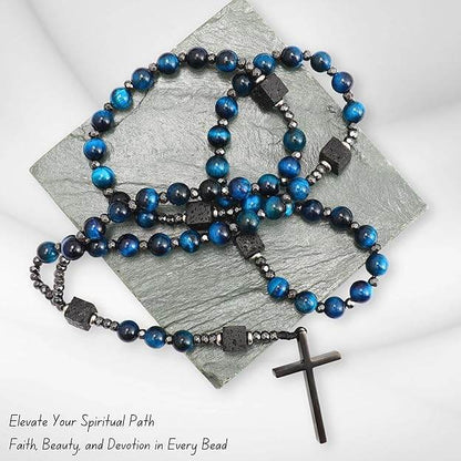 Blue Tiger Eye & Lava Stone 9mm Beads Rosary Necklace with Black Alloy Cross - Nazareth Store