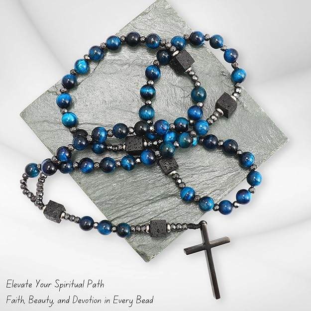 Blue Tiger Eye & Lava Stone 9mm Beads Rosary Necklace with Black Alloy Cross - Nazareth Store