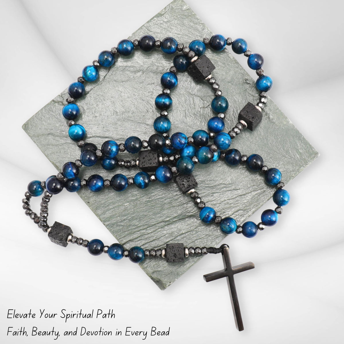 Blue Tiger Eye & Lava Stone 9mm Beads Rosary Necklace with Black Alloy Cross - Nazareth Store