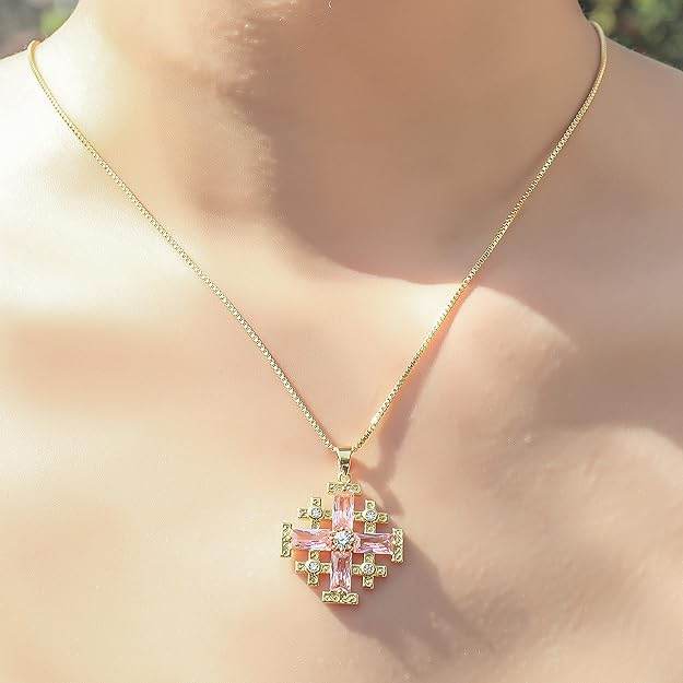 Pink Topaz Jerusalem Cross Pendant 18k Yellow Gold Plated with Crystals Nazareth Store