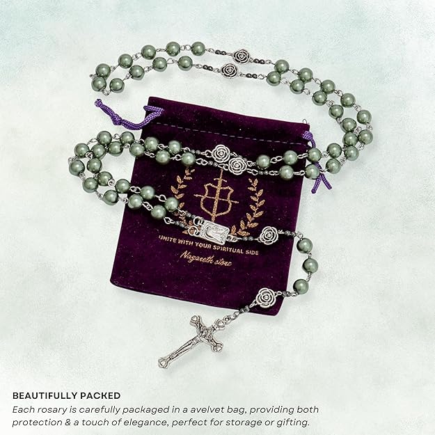 Green Pearl Beads Rosary Metal Mystery Roses with Hematite stones Necklace Nazareth Store
