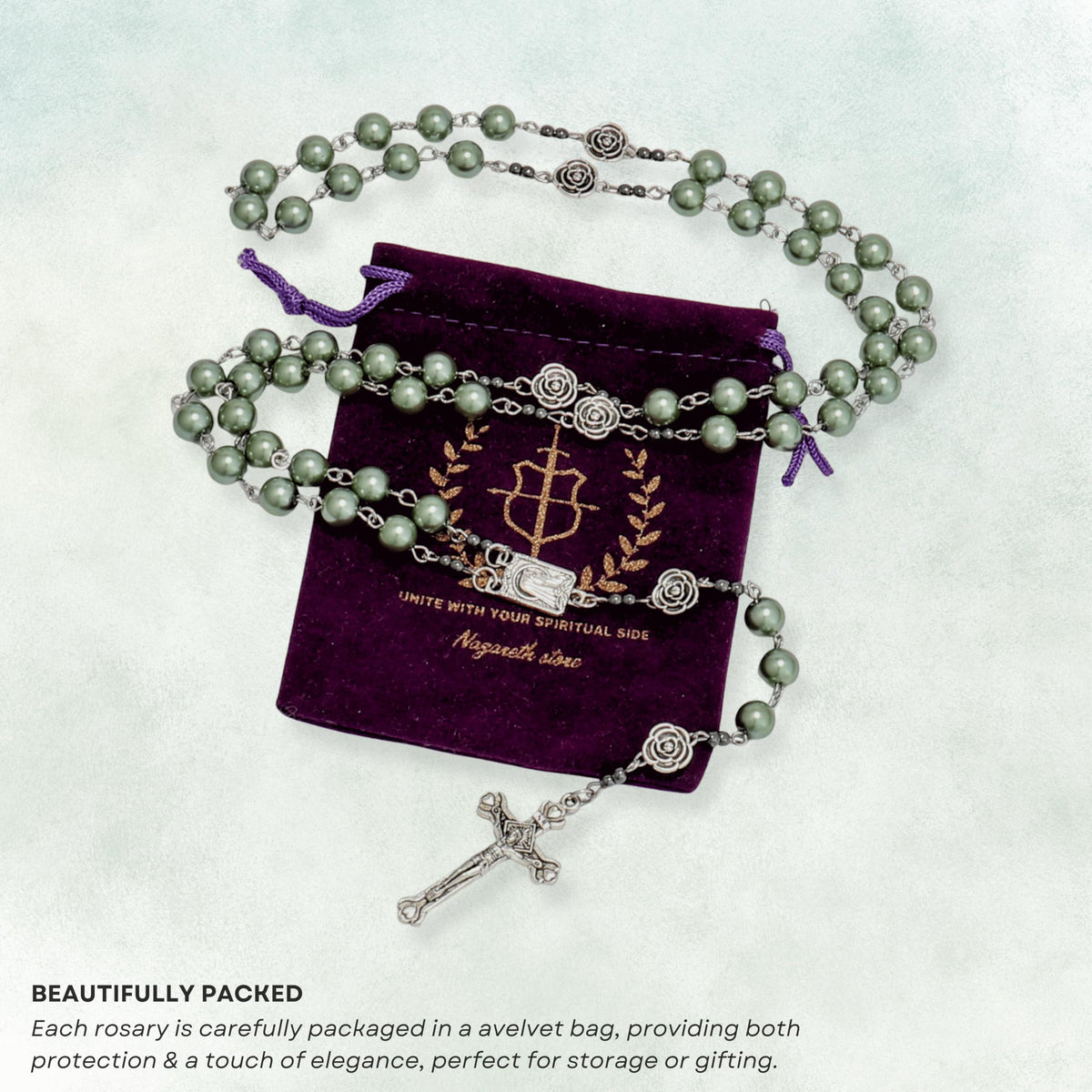 Green Pearl Beads Rosary Metal Mystery Roses with Hematite Stone Necklace - Nazareth Store
